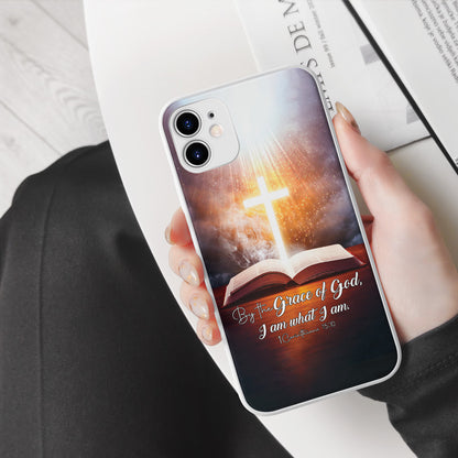 Teesdily | Jesus Christian Cross Bible Heaven Graphic Phone Case By The Grace Of God I Am What I Am All Over Print Phone Cover Religious Gift Ideas