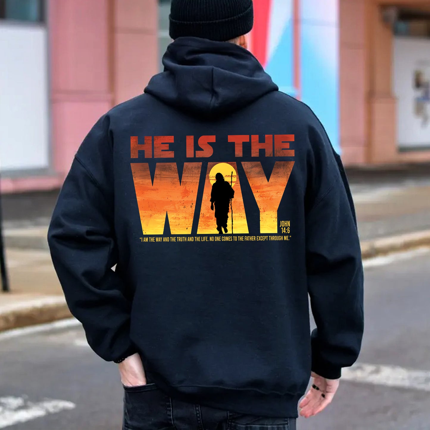 Teesdily | Jesus Walking Sunset Shirt, He Is The Way The Truth The Life Unisex Hoodie Sweatshirt Mug, Christian Shirt Backside, Religious Gift Ideas