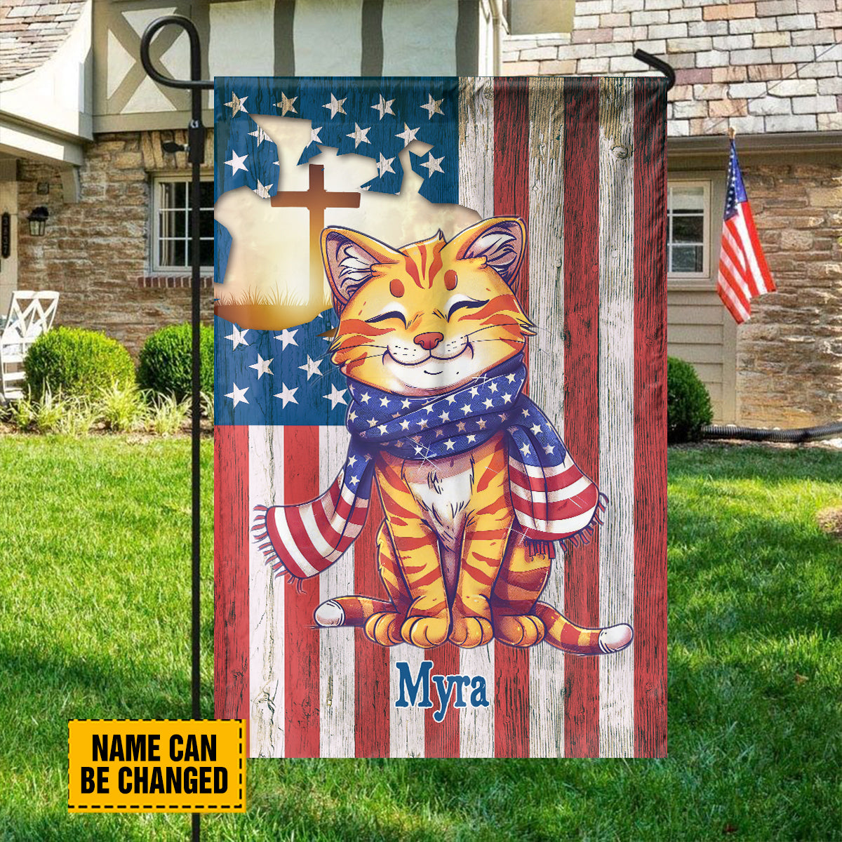 Teesdily | Custom Cat Jesus Cross Flag, Independence Day Garden Flag, Jesus American Flag Home, Fourth Of July Garden Flag Yard Decor, Cat Lover Gift