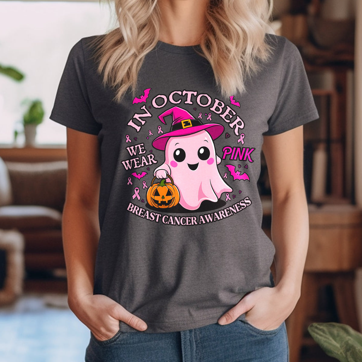 Teesdily | Cute Ghost Breast Cancer Awareness Shirt, In October We Wear Pink Tee Sweatshirt Hoodie Mug, Breast Cancer Support Warrior Gift