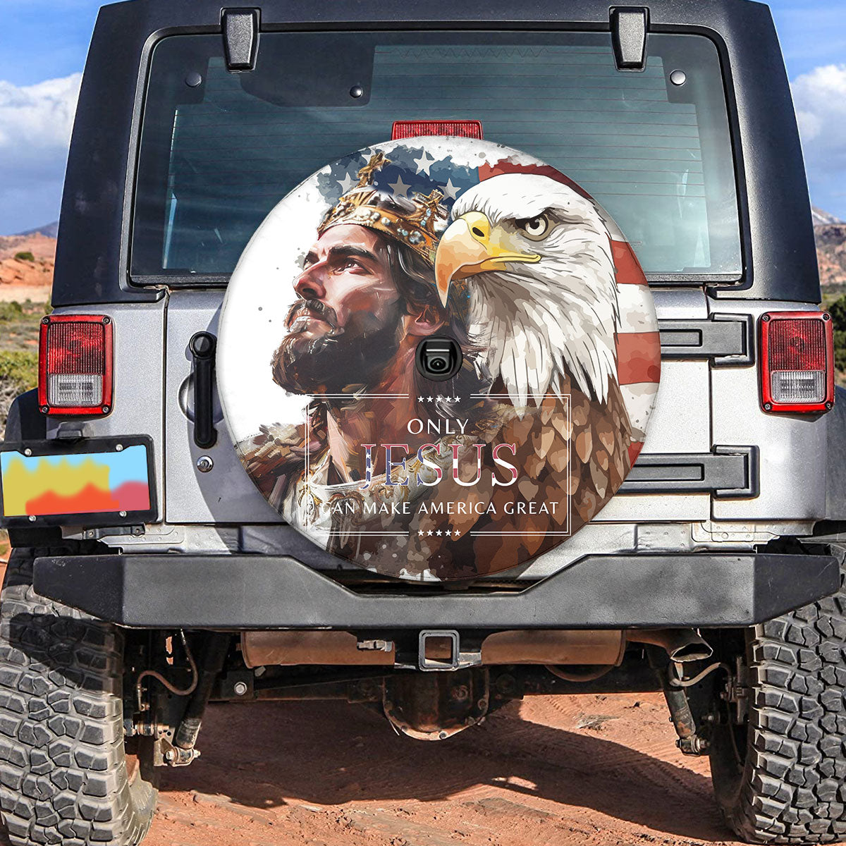 Teesdily | Jesus Eagle Spare Tire Cover, Jesus Christ Usa Flag Wheel Cover, Jesus Make America Great Wheel Cover, God Faith Spare Tire Cover 27"-34"