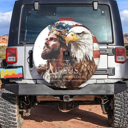 Teesdily | Jesus Eagle Spare Tire Cover, Jesus Christ Usa Flag Wheel Cover, Jesus Make America Great Wheel Cover, God Faith Spare Tire Cover 27"-34"