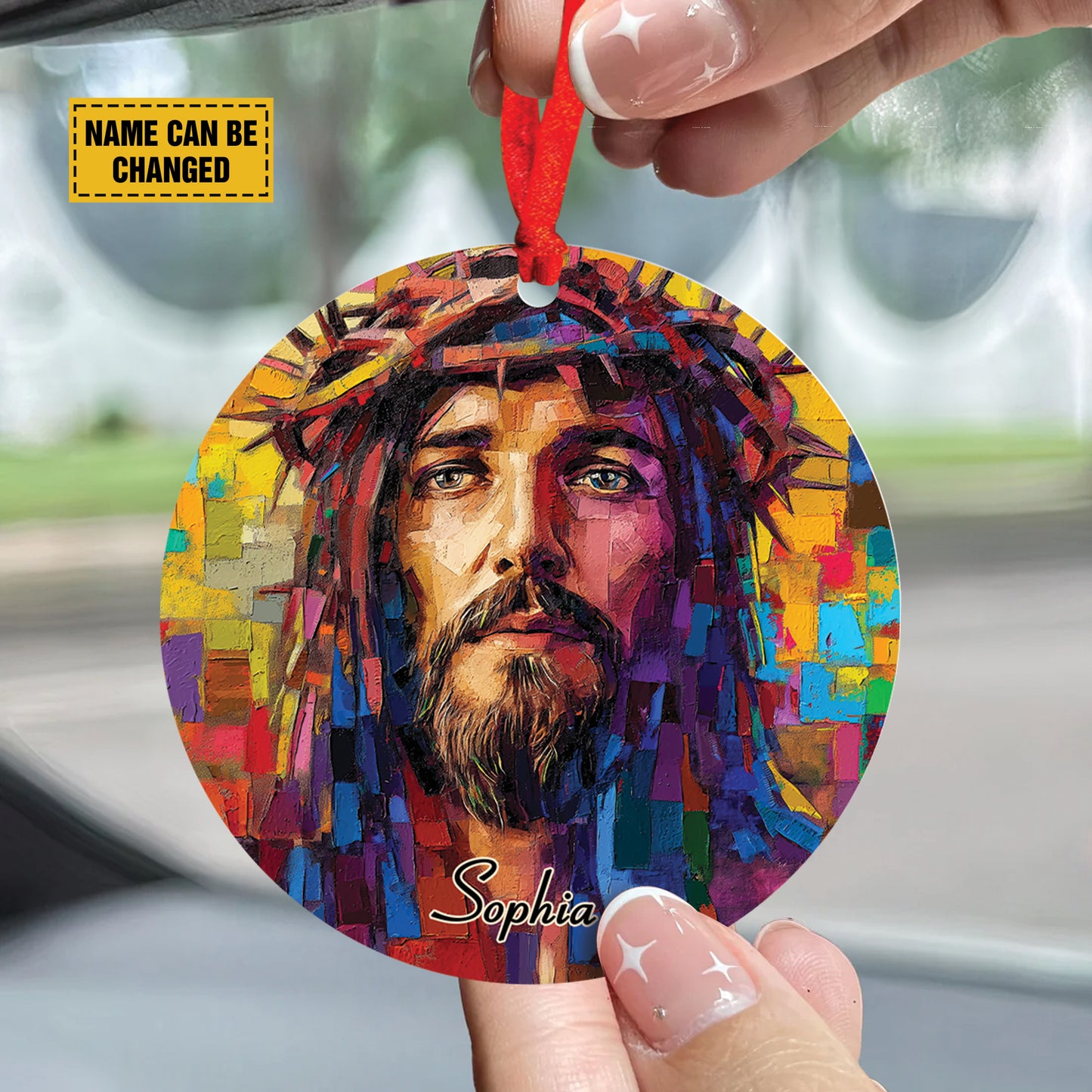 Teesdily | Custom Jesus Portrait Ornament, Christ Painting Hanger Car Rear View Mirror Ornament, Church Religious Acrylic Ornament, Jesus Lover Gift