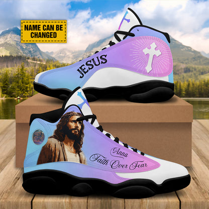 Teesdily | Customized Jesus Saves Faith Over Fear Running Shoes Jesus Christian Sport Shoes Gift For Christian God Believers