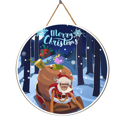 Teesdily | Customized Photo Santa Claus In A Sleigh With Presents In A Hurry For The Holiday Christmas Wood Sign Front Door Decor