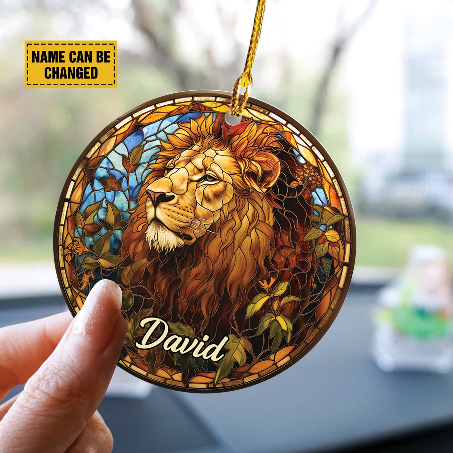 Teesdily | Customized Jesus Lion Ornament Car Hanger, The Lion Of Judah Car Rear View Mirror, Church Religious Acrylic Ornament, Jesus Lover Gift