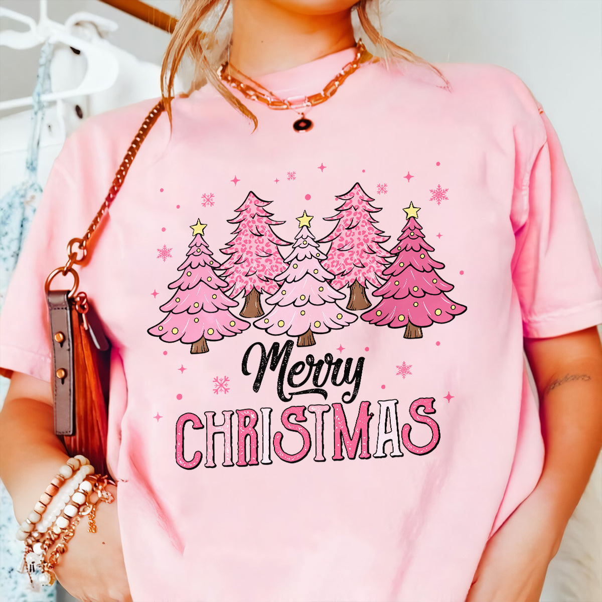 Teesdily | Merry Christmas Shirt, Pink Christmas Tree Sweatshirt, Christmas Vibes Sweater, Holiday Season Hoodie Mug Gift Mom