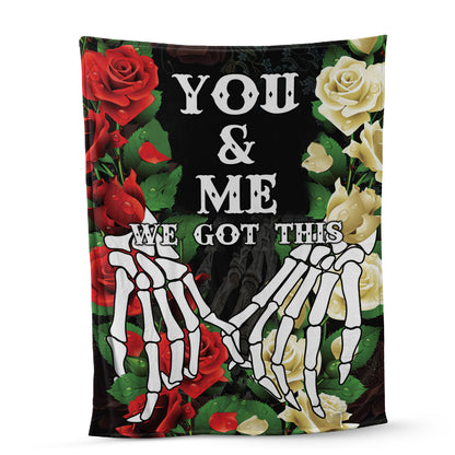 Teesdily | Skeleton Hand Rose Fleece Blanket Couple You And Me Got This Cozy Blanket Gothic Style Warm Blanket Halloween Gift For Lover