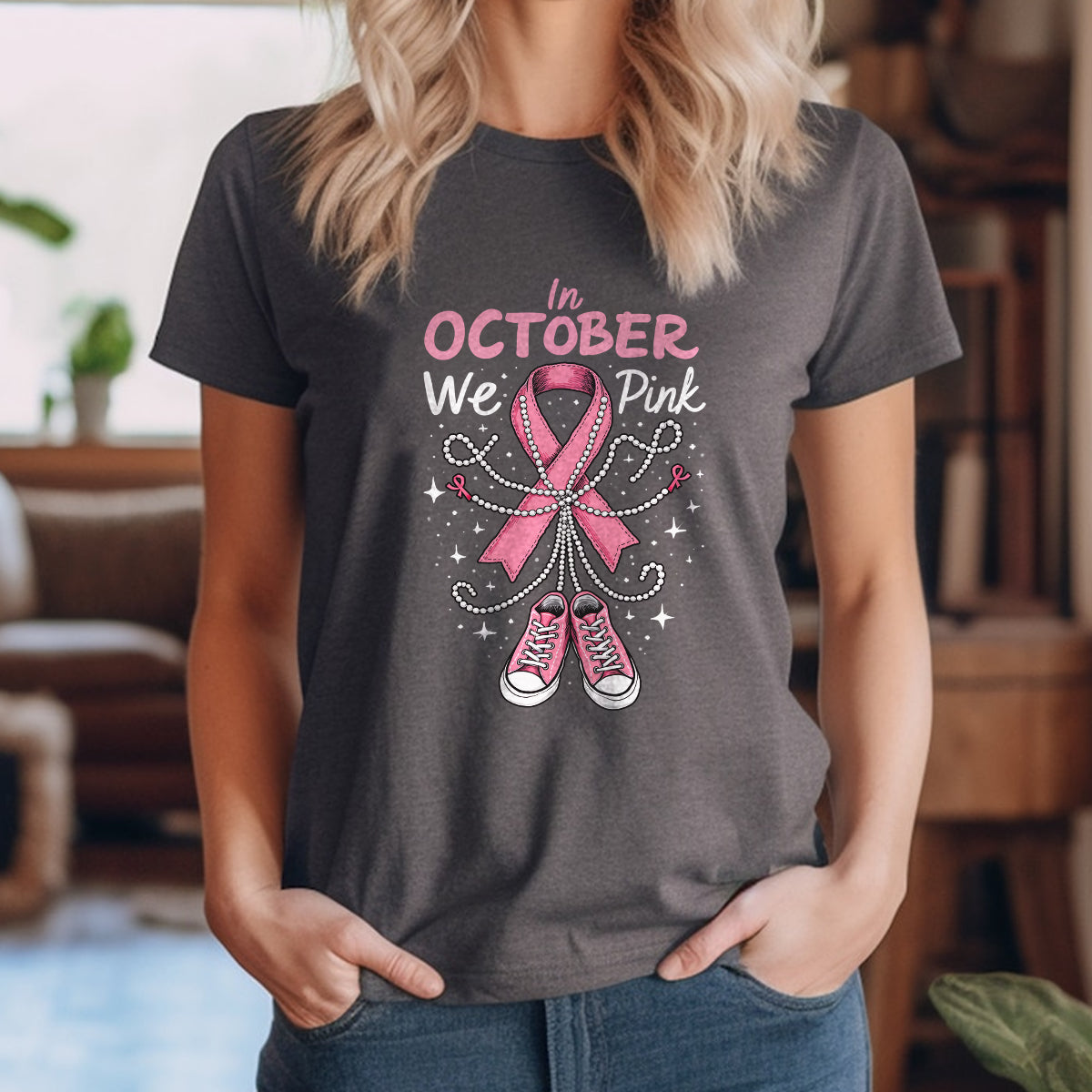 Teesdily | In October We Wear Pink Shirt, Pink Ribbon Shoe Sweatshirt, Breast Cancer Awareness Hoodie Mug, Support Warrior Halloween Gifts