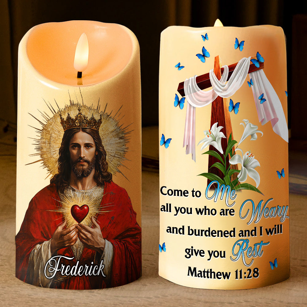 Teesdily | Custom Sacred Heart Of Jesus LED Candle No Battery, Jesus Prayer Cross Flower Candle, Religious Christmas Light Gift