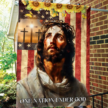 Teesdily | Jesus Cross Sunflower American Flag Home, One Nation Under God Yard Flag Independence Day, Jesus Gift, Garden House Flag