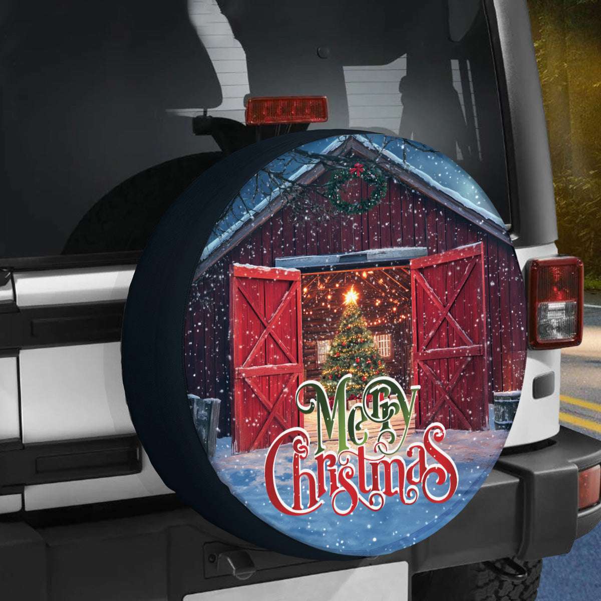 Teesdily | Red Barn Christmas Car Spare Tire Cover, Christmas Tree Light Farmhouse Tire Protector, Farm Country Truck Wheel Cover, Christmas Gift