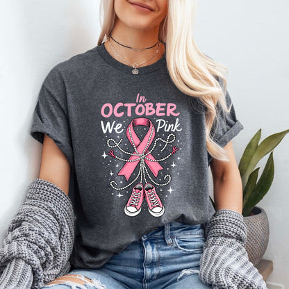 Teesdily | In October We Wear Pink Shirt, Pink Ribbon Shoe Sweatshirt, Breast Cancer Awareness Hoodie Mug, Support Warrior Halloween Gifts