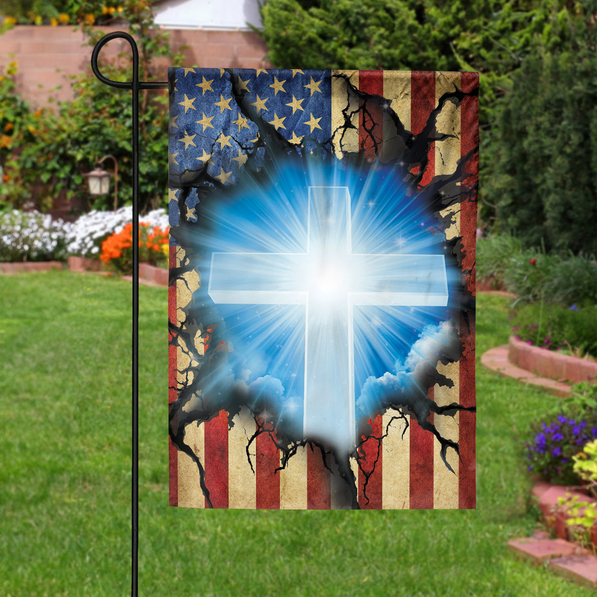 Teesdily | Jesus Cross Crack Hole House Flag, Jesus Christ Cross Garden Flag, Christian Home Garden Decor, Religious Outdoor Home Decor