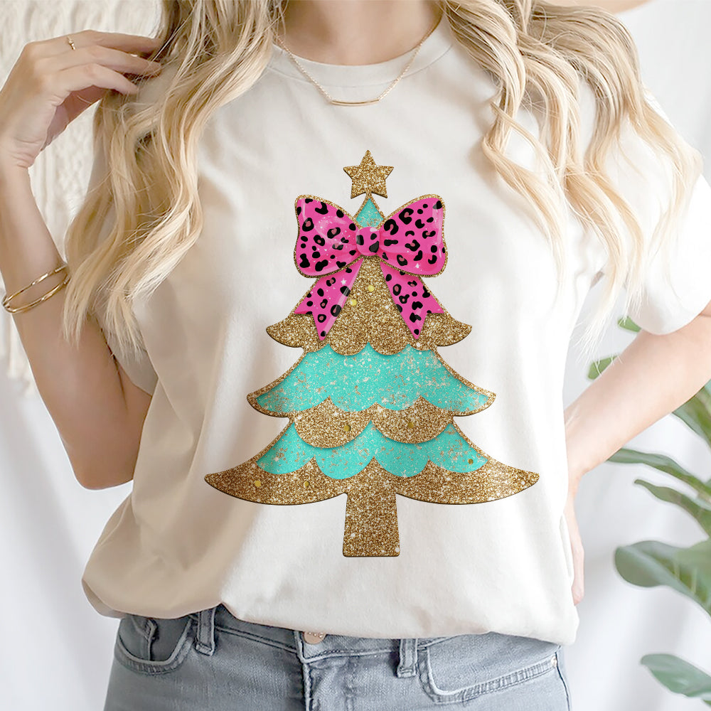 Teesdily | Christmas Tree Bow Shirt, Christmas Coquette Bow Glitter Leopard Sweatshirt, Christmas Hoodie Mug For Women