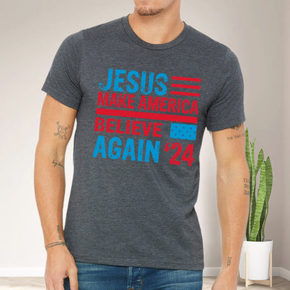 Teesdily | American Flag Jesus Shirt, Jesus Make America Believe Again '24 Tee Sweatshirt Hoodie Mug, Christian American Pride Gift, Patriotic T-shirt