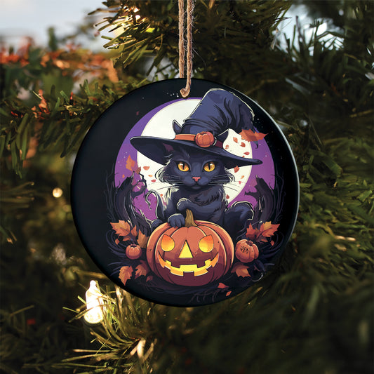 Teesdily | Black Cat Halloween Ceramic Ornament, Happy Halloween Spooky Kitten Circle Acrylic Ornament, Halloween Home Decor Gifts, Cat Lovers Gifts