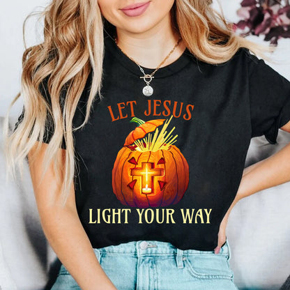 Teesdily | Jesus Pumpkin Cross Shirt, Let Jesus Light Your Way T-shirt, Jesus Light Pumpkin Sweatshirt Hoodie Mug, Happy Halloween Christian Gift