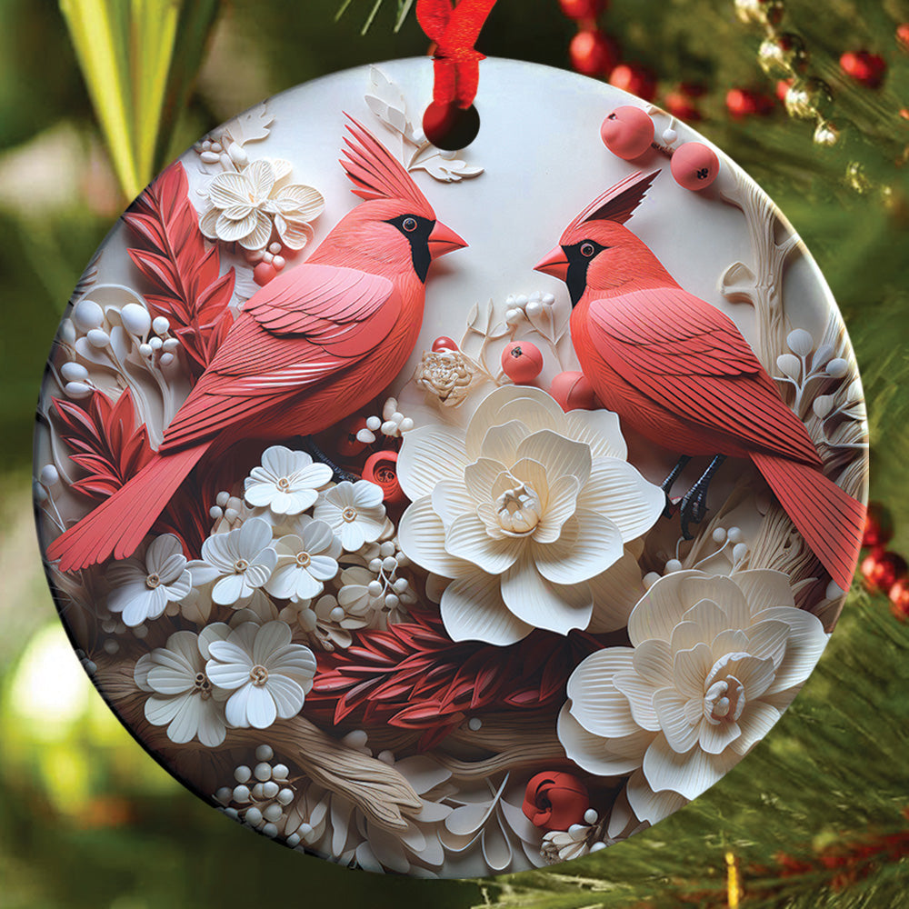 Teesdily | Christmas Cardinal Bird 2D Flat Ceramic Ornament, Couple Cardinal Bird Snowy Flower Christmas Gift, Xmas Ornament