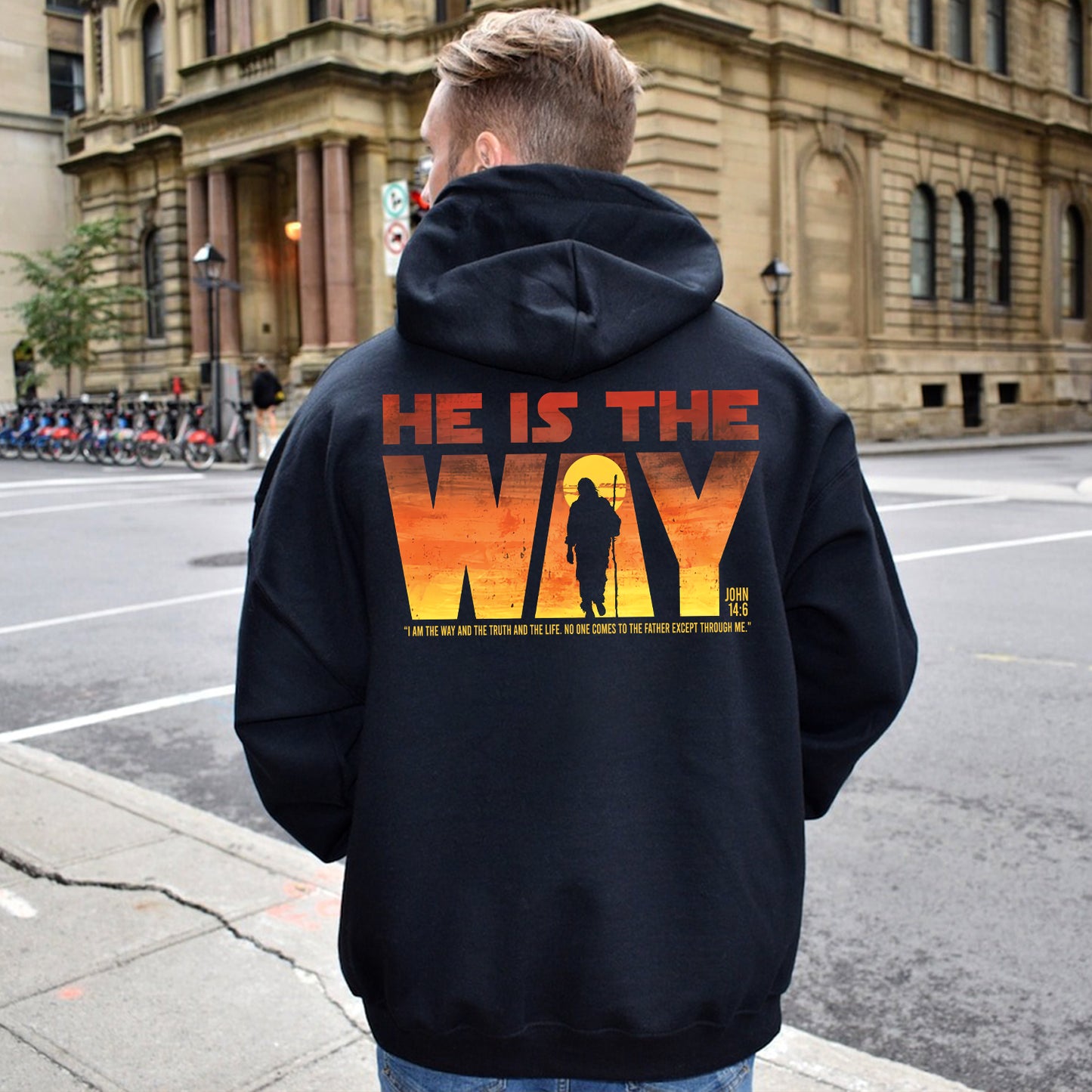 Teesdily | Jesus Walking Sunset Shirt, He Is The Way The Truth The Life Unisex Hoodie Sweatshirt Mug, Christian Shirt Backside, Religious Gift Ideas