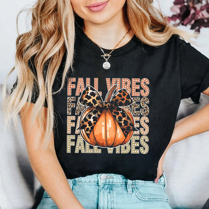 Teesdily | Retro Fall Vibes Pumpkin Bow Shirt, Halloween Pumpkin Ghost Bow Leopard Sweatshirt, Happy Fall Hoodie Mug, Fall Tee