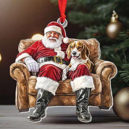 Teesdily | Santa Beagles Ornament Christmas, Santa Claus Dog On Sofa 2D Acrylic Ornament Hanging Decor, Dog Mom Christmas Gift