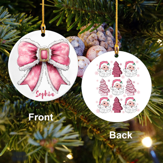 Teesdily | Personalized Christmas Coquette Bow Santa Ornament, Noel Santa Bow Ornaments Christmas Gifts For Best Friend