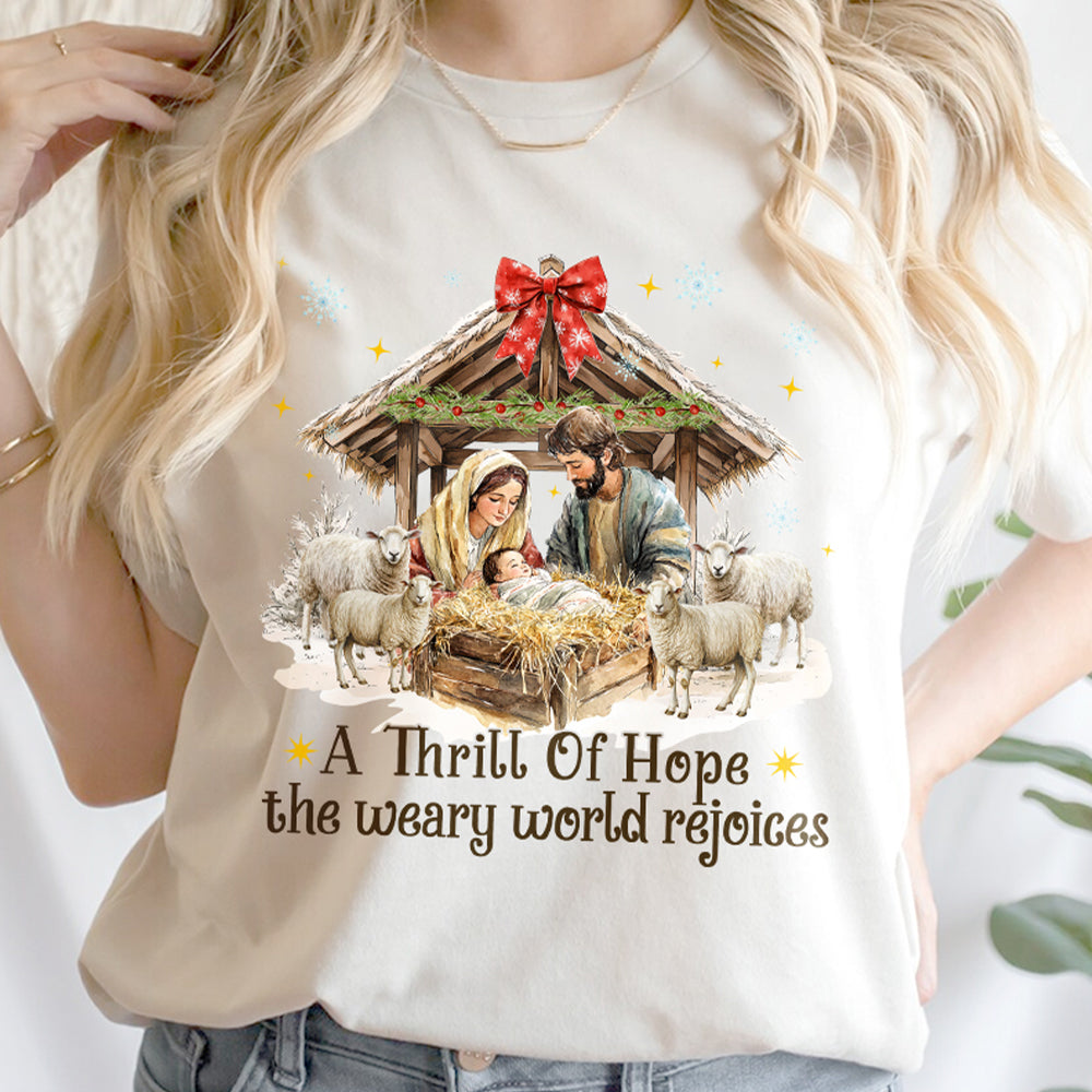 Teesdily | Nativity Scene Christmas Coquette Jesus Shirt, A Thrill Of Hope Sweatshirt, Christmas Nativity Hoodie Mug Religious Gift