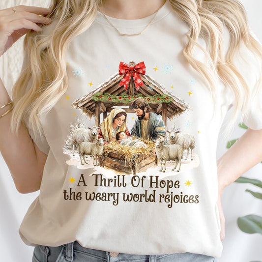 Teesdily | Nativity Scene Christmas Coquette Jesus Shirt, A Thrill Of Hope Sweatshirt, Christmas Nativity Hoodie Mug Religious Gift