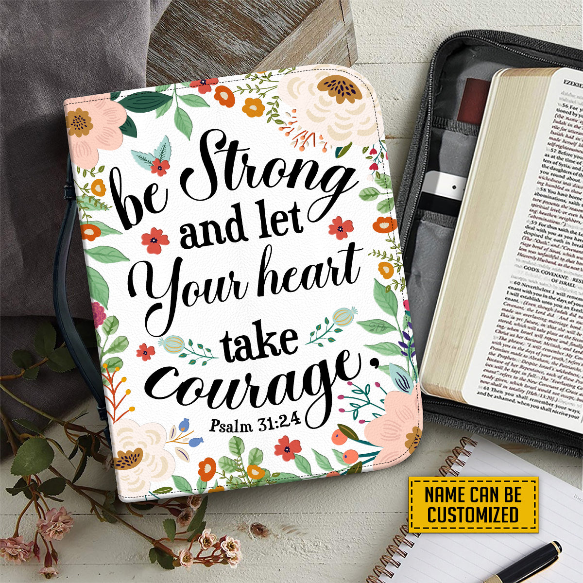 Teesdily | Wildflowers Personalized Bible Bag, Be Strong And Let Your Heart Take Courage, Inspirational Gifts For Women, Bible Cover With Handle