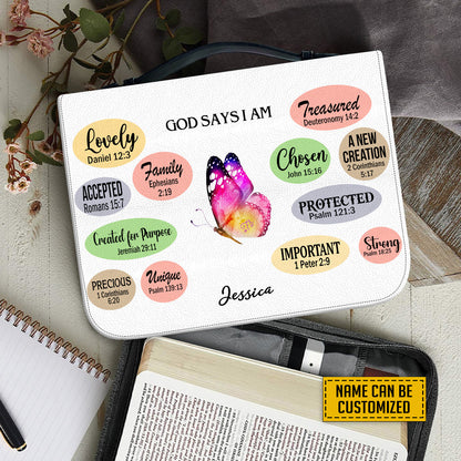 Teesdily | Personalized Butterfly God Inspiration Bible Bag, God Says I Am Bible Cover, Positive Gift For Christian Bible Cover With Handle