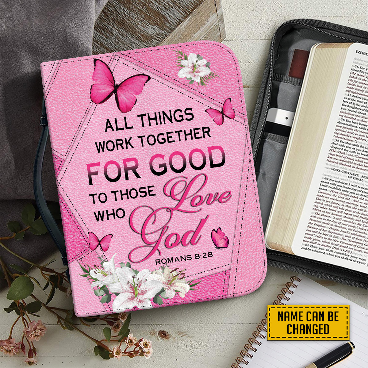 Teesdily | Personalized Butterfly Lilies Bible Case Pink, All Things Work Together For Good Bible Cover, Bible Covers For Girls, Bible Accessories