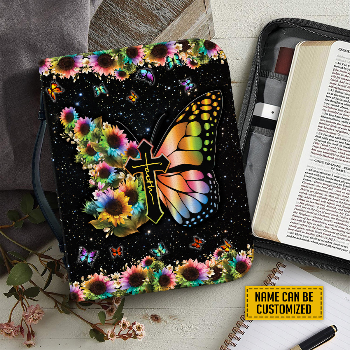 Teesdily | Customized Butterflies Sunflower Bible Holder, Jesus Faith Bible Carrier, Christian Cross Bible Cover, Religious Bible Bags Gift