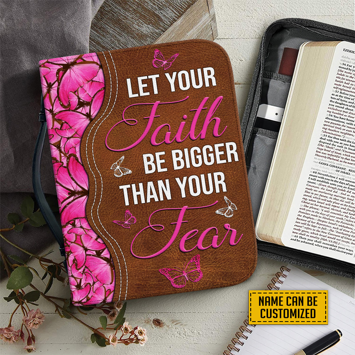 Teesdily | Butterflies Pattern Customized Bible Holder, Let Your Faith Be Bigger Than Fear, Religious Christian Gifts, Inspirational Gifts For Women