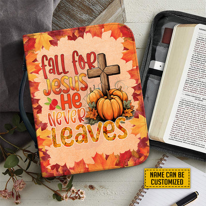 Teesdily | Jesus Thanksgiving Personalized Bible Case, Fall For Jesus He Never Leaves Bible Carrier, Autumn Pumpkin Harvest Bible Cover With Handle