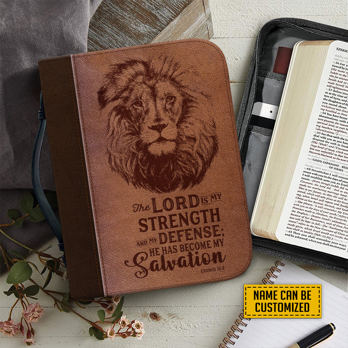 Teesdily | Lion Of Judah Personalized Bible Cover, The Lord Is My Strength And My Defense He Has Become My Salvation Bible Bags, Baptism Gifts