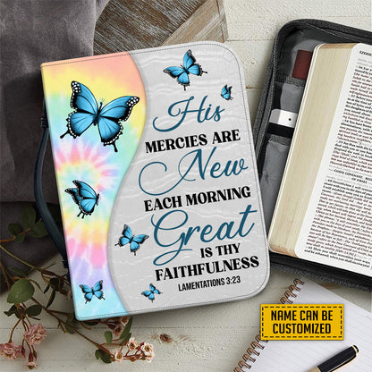 Teesdily | Personalized Butterfly Tie Dye Bible Study, His Mercies Are New Each Morning, Hippie Bible Holder, God Believer Bible Cover With Handle