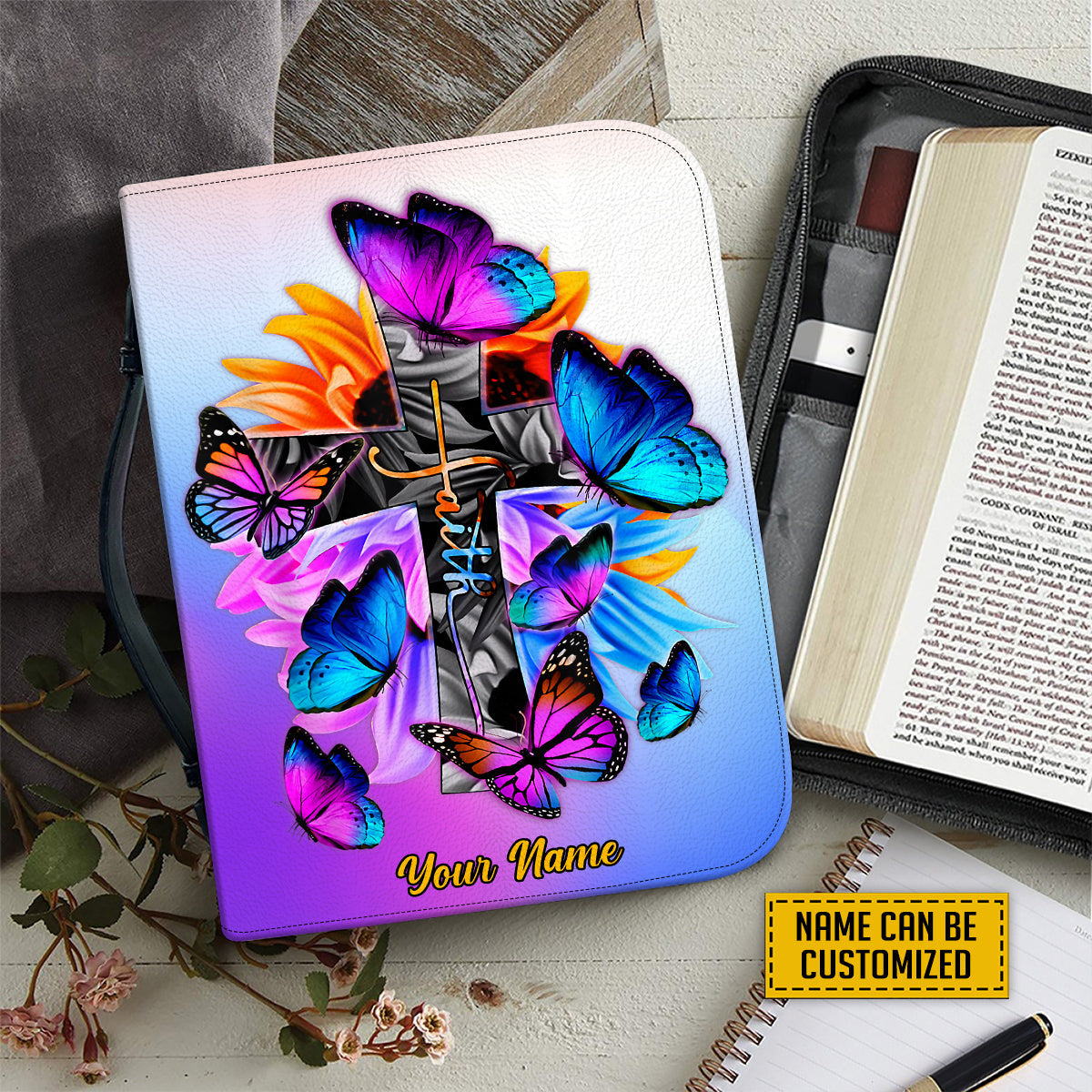 Teesdily | Customized Jesus Blessed Is She Bible Case, God Faith Bible Study, Butterfly Bible Carrier, Christian Jesus Lover Bible Cover With Handle