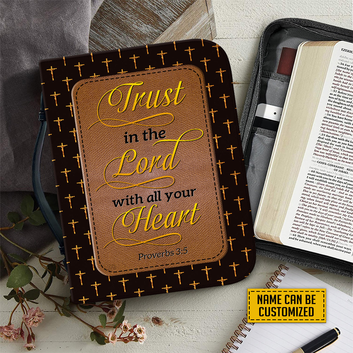 Teesdily | Jesus Cross Pattern Custom Leather Bible Cover, Trust In The Lord Bible Bags, Christian Religious Bible Cover With Handle, God Lover Gifts