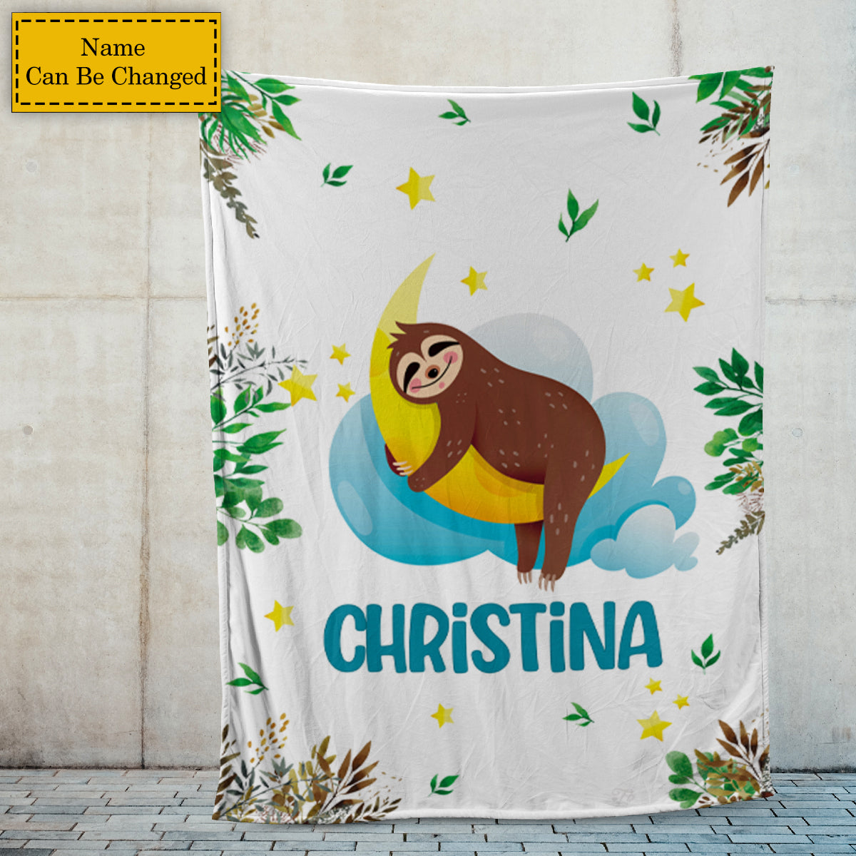 Teesdily | Customized Name Cartoon Sloth Moon Blanket For Women Girls Chibi Sloth Winter Fleece Blanket Throw Cute Gift Blankets For Adults Kids