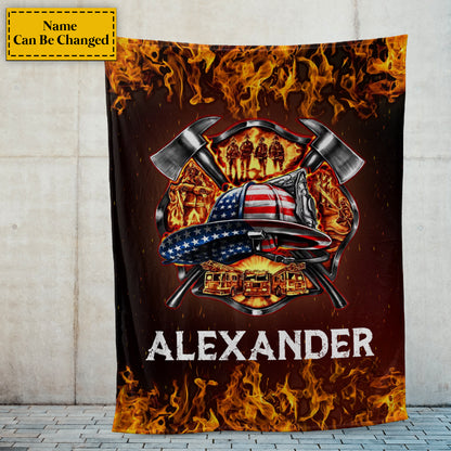 Teesdily | Customized Name American Firefighter Fleece Blanket American Fireman Travel Blanket Firefighter Dad Gifts Warm Sofa Blanket