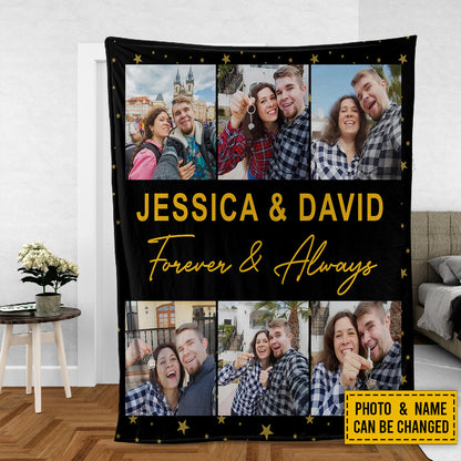 Teesdily | Couple Personalized Throw Blanket With Photo Collage Couple Customized Name Forever And Always Travel Blanket Love Anniversary Gifts