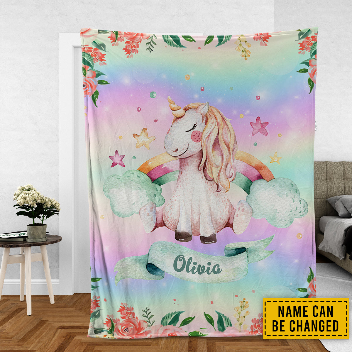 Teesdily | Cute Unicorn Magical Nursery Fleece Blanket Personalized Name Baby Blanket Unicorn Rainbow Throw Blanket Gift For Daughters