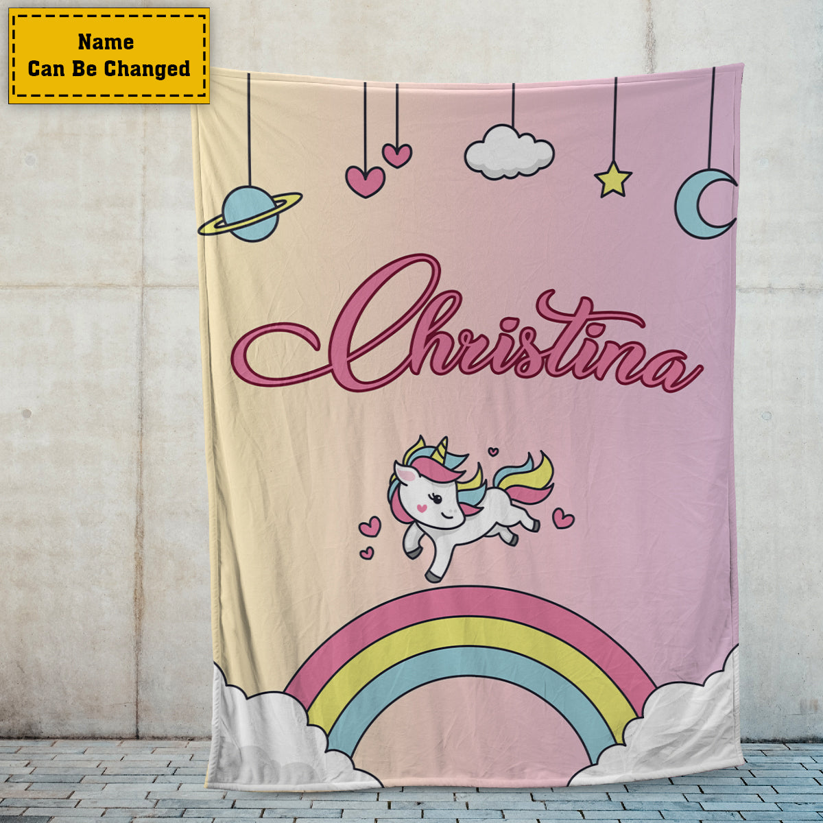 Teesdily | Unicorn Cartoon Customized Name Rainbow Fleece Blanket Unicorn Cute Kid Blanket Name Blankets For Boys Girls Baby Bed Sofa Room Decoration