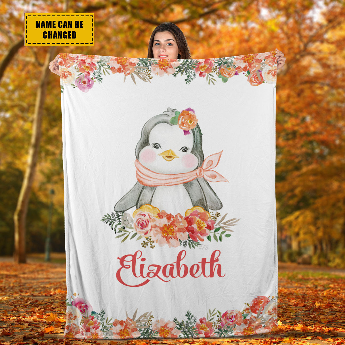 Teesdily | Customized Cute Penguin Floral Baby Blankets Chibi Animals Fleece Throw Blanket Baby Girl Kids Adult Bedding For Gifts Travel Christmas