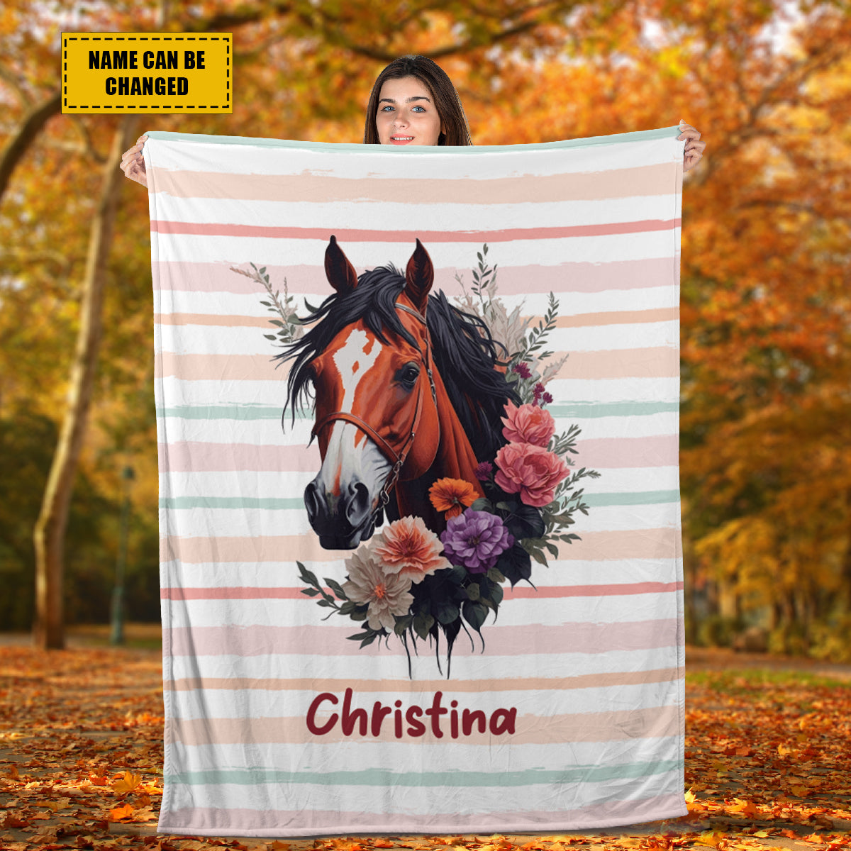 Teesdily | Customized Horse Flower Striped Pattern Fleece Blanket Throw Love Riding Horse Warm Throw Blanket Christmas Gift For Horse Lovers