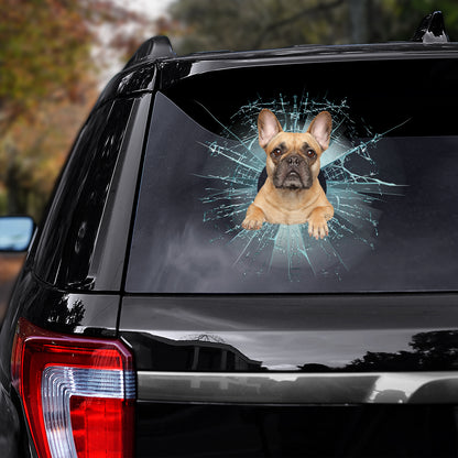 Teesdily | French Bulldog Photo Print Decal Dog Cracked Glass Car Sticker Fun Car Decor For Dog Mom Dad