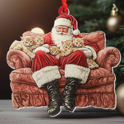 Teesdily | Santa Kittens On Sofa Ornament Christmas, Santa Claus With Cats Ornament, Cat Mom Cat Christmas Ornament, Xmas Gift