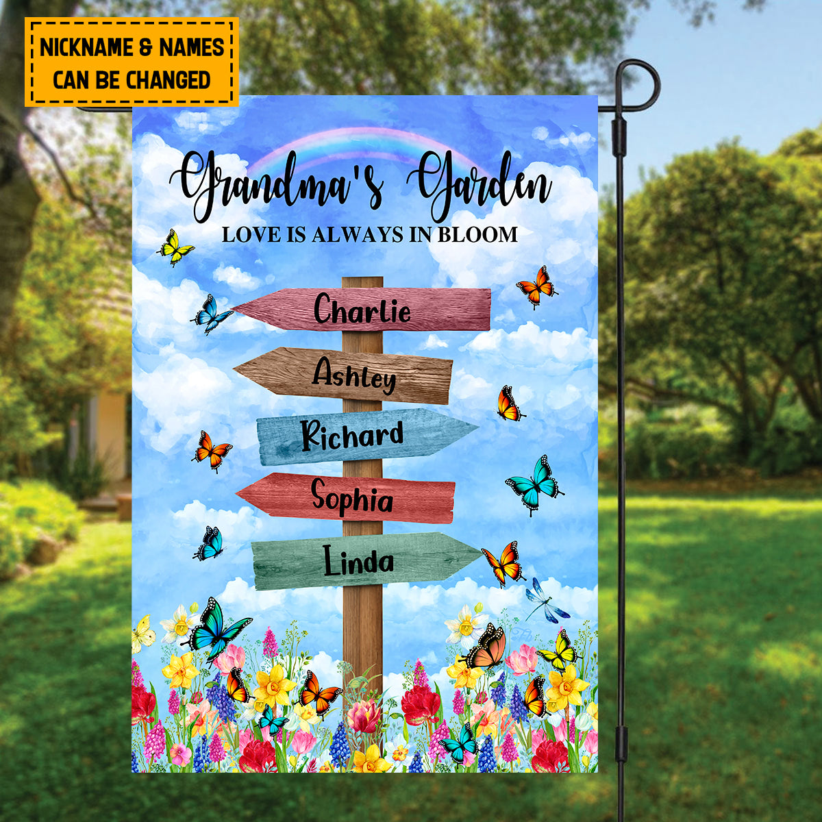 Teesdily | Customized Grandma Outdoor Garden Flag With Kids Name Love Is Always In Bloom Flag Mimi's Garden House Flag Mother's Day Outdoor Home Decor