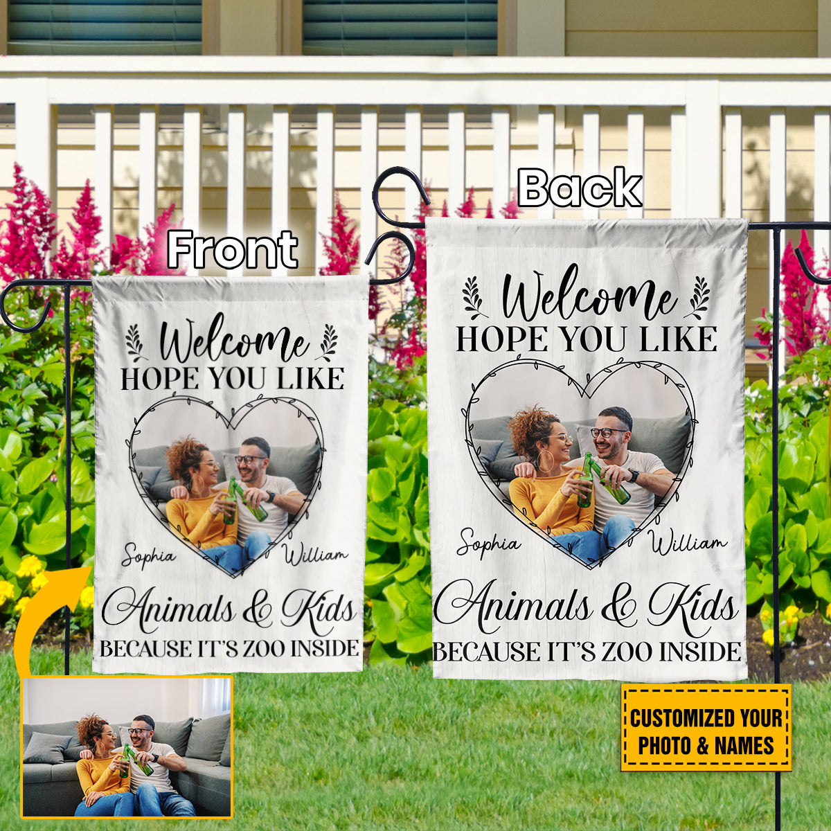 Teesdily | Couple Custom Photo Garden Flag Welcome Hope You Like Animals And Kids House Flag Couple Family Home Garden Flag Outdoor Decoration